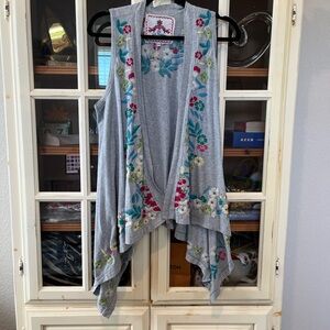 Johnny Was Light Gray Embroidered Draped Vest with Teal & Pink Floral Accents